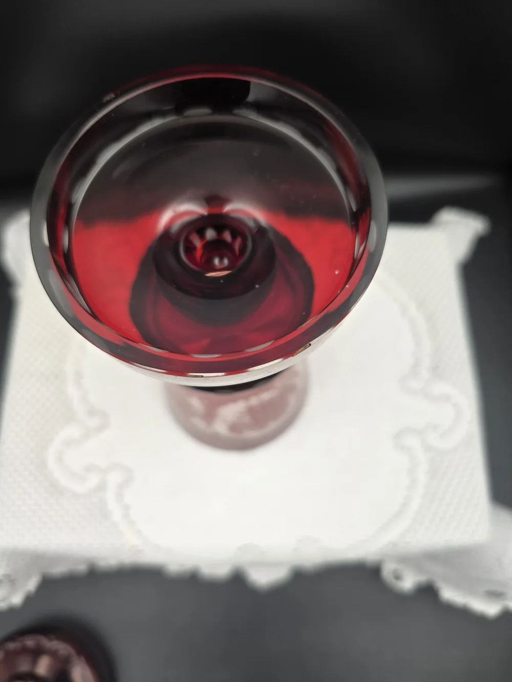 Ruby Red Etched Glass Covered Goblet - Decorative Home Art
